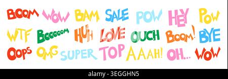 Text for comic book speech pop bubbles. Set of comic speech bubbles text, comic wording sound effects design exclamation comic book. Creative retro pop art book oops wow, pow, boom funny slang phrases Stock Vector