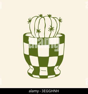 Hand drawn vector illustration of a round desert cactus in a stylish checkered pot. Minimalist green line art isolated on a light background for Stock Vector