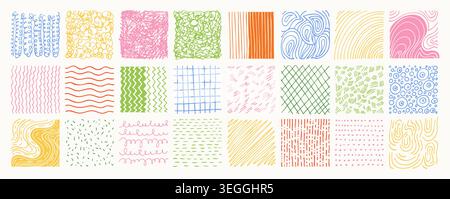 Hand drawn square abstract backgrounds patterns set. Doodle spots, drops brush strokes crayon curves lines scribble circle shapes. Trendy patterns for posters, social media icons colorful templates Stock Vector
