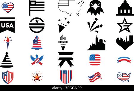 Usa patriotic icons vector set for national holiday designs with vector collection Stock Vector