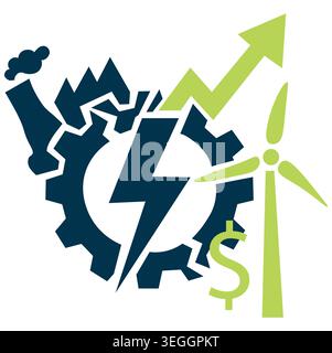 Energy crisis and economic growth icon with gear, lightning bolt and wind turbine, industrial transition and rising costs concept Stock Vector