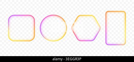 Bright iridescent gradient frame set. Blurred yellow purple glowing border collection. Vibrant rainbow color square, circle, hexagon banner element pack. Colorful vivid box template bundle. Vector Stock Vector