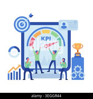 Business Team Celebrating KPI Performance on Dashboard. KPI Performance Success Concept Stock Vector