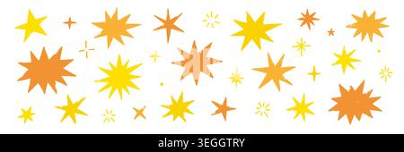 Star hand line drawn set. Hand drawn yellow star doodle brush crayon icon with grunge texture. Cute magic sparkle lightning crown symbol school cartoon background. Vector illustration Stock Vector