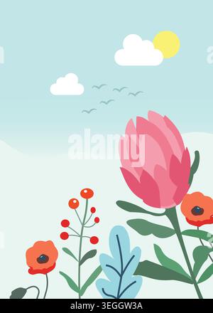 Flat vector illustration of colorful blooming flowers in a peaceful pastel garden landscape with modern botanical and springtime elements. Stock Vector