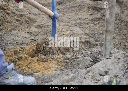 Worker digs a hole in the ground using a shovel Stock Photo