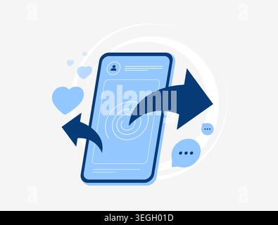 Social sharing with content distribution and social engagement in mobile interface. Share media and increase interaction with repost and communication in social network vector illustration. Stock Vector