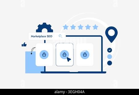 Marketplace SEO with product listing optimization and ecommerce ranking in digital dashboard. Improve search visibility and optimize product performance for online marketplace vector illustration. Stock Vector