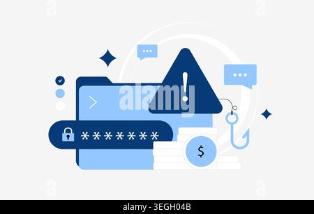 Phishing scam with password theft and financial fraud in cyber security concept. Protect account access and prevent ransomware attack with fraud warning vector illustration. Stock Vector