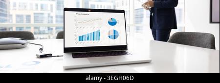 Closeup laptop screen displaying graphs and pie charts Stock Photo