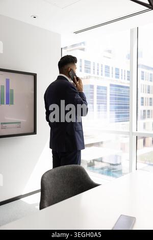 Rear view businessman talking on smartphone standing near window Stock Photo
