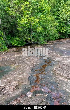 A narrow stream of water winds through rocky terrain, flanked by lush green vegetation in the natural wells of Colombia. Stock Photo