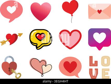 A colorful flat illustration set featuring love themed icons including heart speech bubbles, romantic hearts, heart balloon, envelope with heart seal, Stock Vector