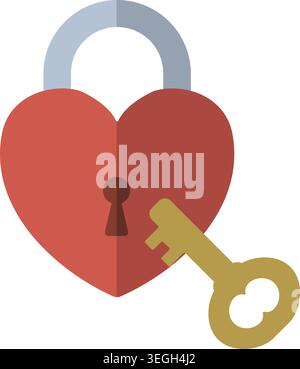 Simple illustration of a heart shaped padlock with a key inserted beside it and a silver shackle. Stock Vector