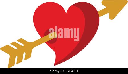 Simple illustration of a red heart pierced by a golden arrow pointing diagonally through it. Stock Vector
