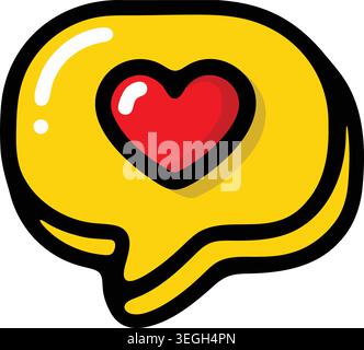Playful illustration of a yellow speech bubble containing a glossy red heart with thick dark outline. Stock Vector