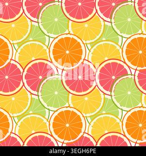 Citrus kaleidoscope pattern overlapping vibrant slices of orange lemon lime and pink grapefruit, an energetic summery backdrop perfect for tropical pa Stock Vector