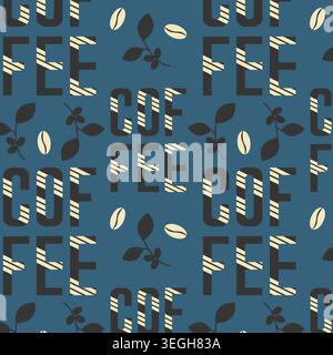 caffeine rhythm pattern, coffee lettering, striped fonts, whole beans and twigs on a deep slate blue background, an energetic backdrop perfect for mod Stock Vector