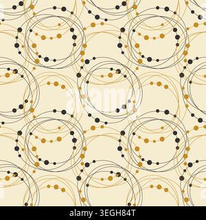 Cosmic orbital alignment pattern spinning thin black and mustard yellow wire circles with scattered beads on a warm cream backdrop, an avant-garde geo Stock Vector