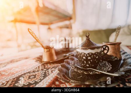 Traditional Turkish Coffee Setup with Ornate Details Stock Photo