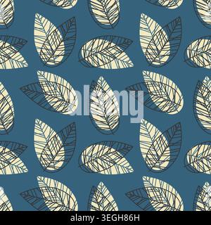 autumn whisper pattern layering cream leaves with dark blue crosshatched veins on dusty teal background, an artistic botanical backdrop ideal for midc Stock Vector