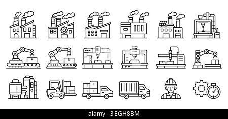A collection of detailed outline icons representing various aspects of industrial factories, automation processes, machinery, and workers in the manuf Stock Vector