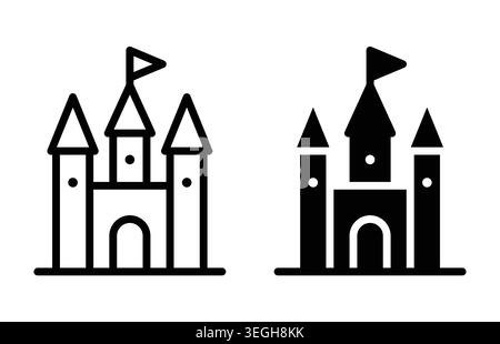 Minimalist castle design illustration featuring two variations: an outlined version and a filled-in silhouette. Perfect for children's themes and fant Stock Vector