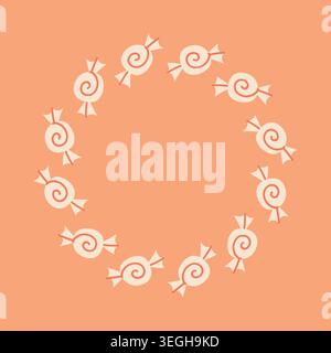 Candy circle frame with cute hand drawn sweet bonbons on orange background for bakery label and packaging design Stock Vector