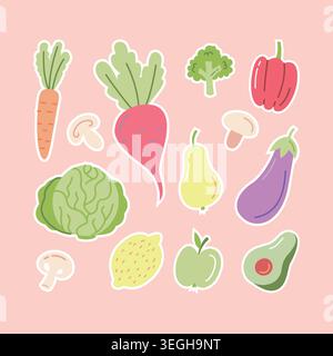 Cute vegetable sticker set with hand drawn doodle icons on pink background for vegetarian cafe menu and packaging design Stock Vector