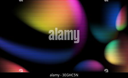 Abstract background with glowing multicolored gradient shapes and textured horizontal scan lines on dark backdrop for digital design Stock Vector