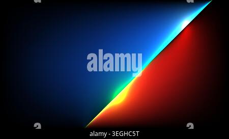 Abstract futuristic technology background with diagonal glowing neon light line separating dark blue gradient and fiery red yellow energy textures for Stock Vector