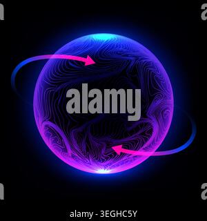 abstract glowing 3D digital sphere with vibrant blue and purple neon line patterns on black background connects global networks two arrows curve aroun Stock Vector