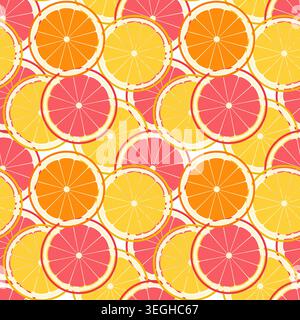 Citrus explosion kaleidoscope pattern overlapping vibrant slices of juicy orange yellow lemon and coral pink grapefruit, an energetic summer backdrop Stock Vector