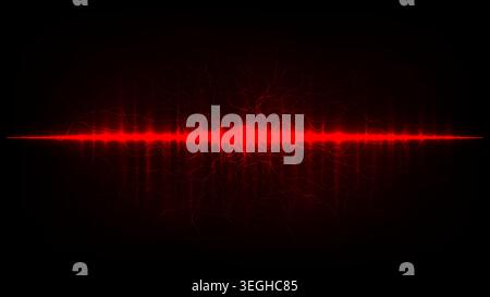 vibrant horizontal red laser beam pulses with glowing audio soundwave frequencies and chaotic energy against black background to visualize high tech m Stock Vector