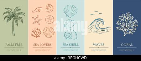 Hand-Drawn Coastal Inspired Marine Life Poster Set Stock Vector