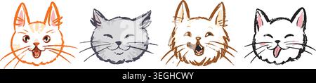 Hand-Drawn Funny Cat Faces Doodle Set Stock Vector