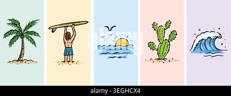 Hand-Drawn Summer Surfing and Tropical Beach Doodle Elements Set Stock Vector