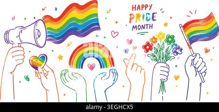 Happy Pride Month Hand-Drawn Doodle Elements and Hands Banner Stock Vector