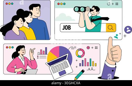 Online Job Search and Business Data Analysis Illustration Stock Vector