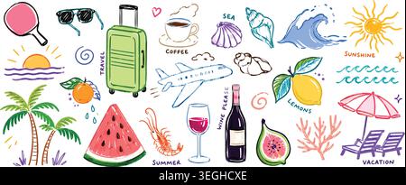 Hand-Drawn Summer Vacation and Travel Doodle Elements Set Stock Vector