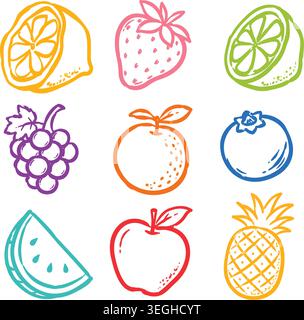 Colorful Hand-Drawn Fruit Doodles Vector Set Stock Vector