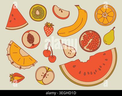 Tropical summer fruits and berries set. Stock Vector