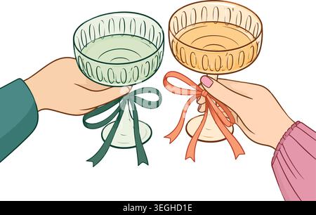 Two Hands Clinking Crystal Champagne Coupes Toasting Vector Illustration Stock Vector