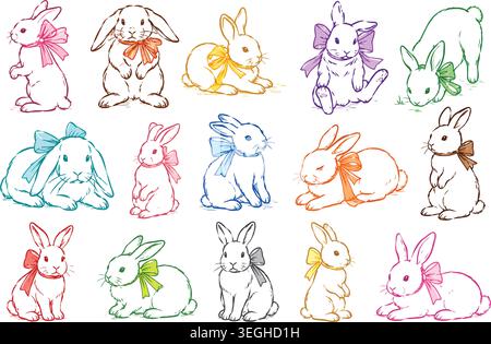 Hand-Drawn Easter Bunny Illustrations Set with Colorful Bows Stock Vector