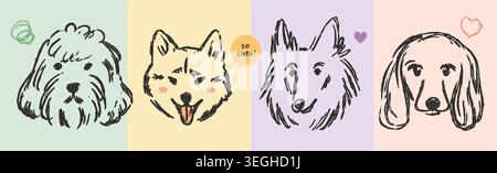 Cute Hand-Drawn Dog Faces Sketch Vector Illustration Banner Stock Vector