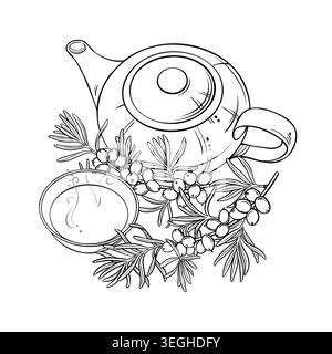 Sea Buckthorn Tea in Teapot Outline Illustration. Stock Vector