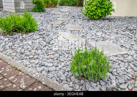 Gravel path and rocks in landscaped garden Stock Photo