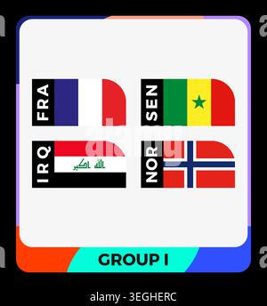 Group I sports stage featuring the national flags and country codes for France, Senegal, Iraq, Norway. Vector Illustration of Soccer Tournament Group Stock Vector