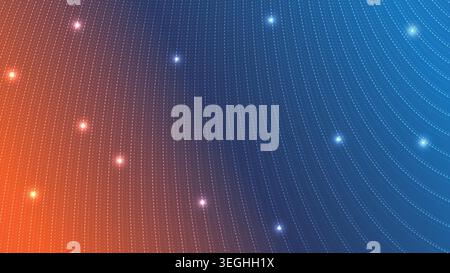 Futuristic background featuring blue and orange gradient transitions, wavy dotted lines and bright light particles Stock Vector