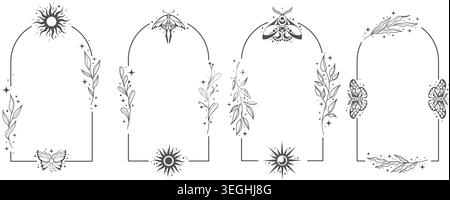Celestial frames with butterflies. Outline vector esoteric lunar illustrations set with moon and sun symbols. Mystic vintage arches with leaves and Stock Vector